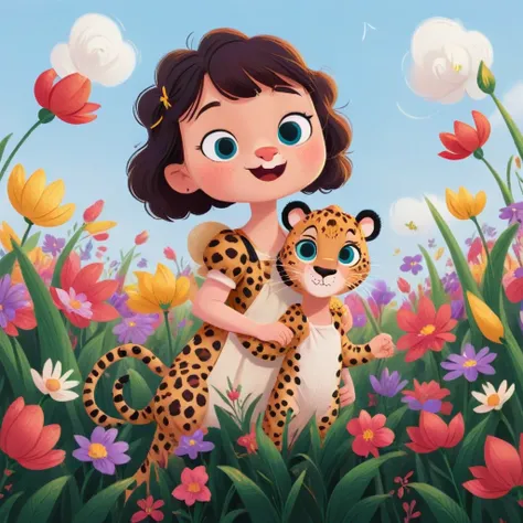 a cute disney style baby leopard and a cute girl in a flower field