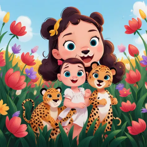 a cute disney style baby leopard and a cute girl in a flower field