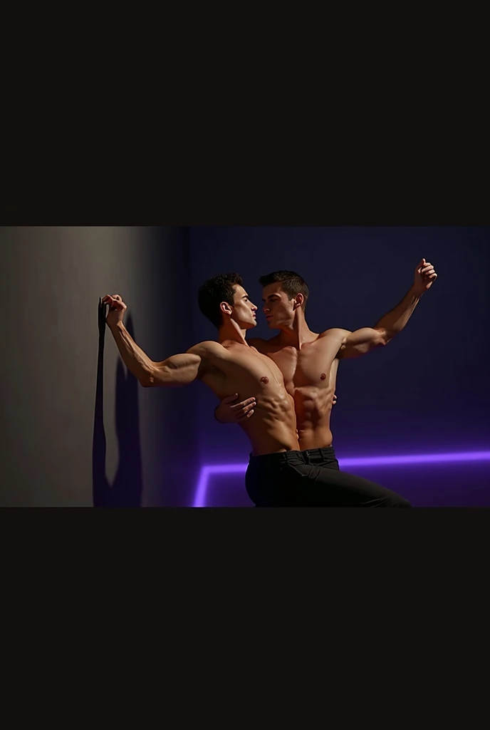 Two handsome slim shirtless men in black pants against the wall, one raising his arms up, the other touching the wall, dancing against the wall, wanting to kiss