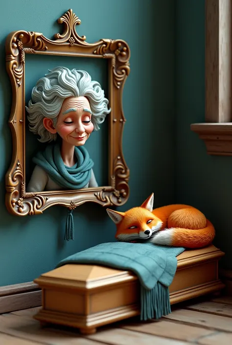 A 3D style picture frame with a picture of a very old woman with very curly white blue hair
It is hanging on the wall with an orange fox
A beautiful coffin with a little fox sleeping on it
style 3D