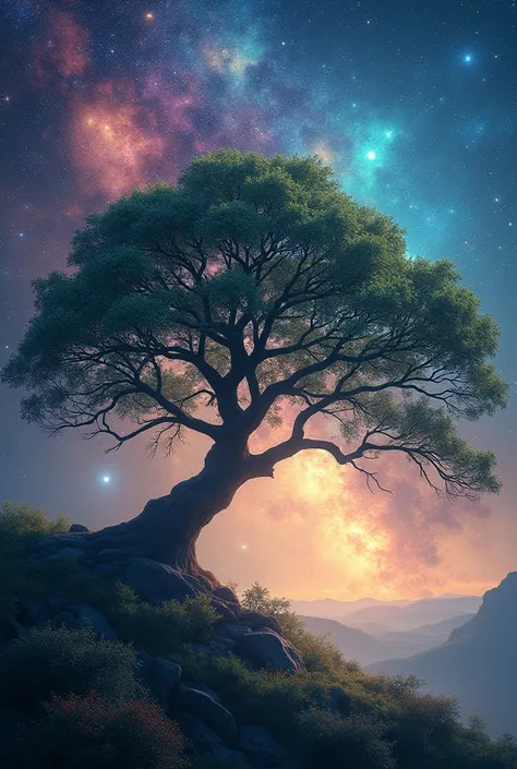 Beautiful tree with spreading and long branches on colorful stars and galactic background image for horizontal mosaic 