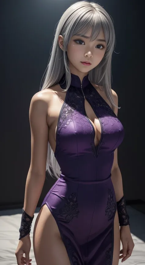 an upper body shot, adorable appearance, baby face, dark skin, Ultra-detailed and intricate 3D rendering of a beautiful anime character, Beautiful soft studio light, Rim Light, Vivid details,Gorgeous, race, Ultra-realistic, Silver Hair, bangs, Ultra-realis...