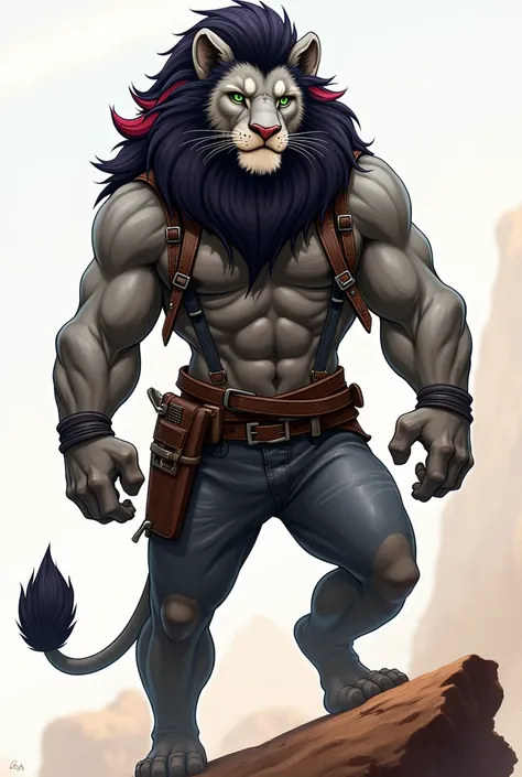 Drawing of a male anthropomorphic lion, gray with black mane with some red and purple highlights and a pulled back quiff, a strong body, adventurer clothes and green eyes