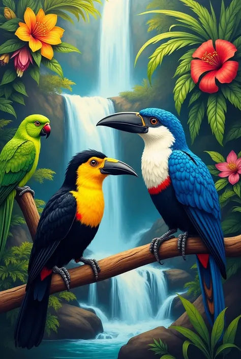 mural with troupial bird and barranquero bird, green parrot and waterfall different design