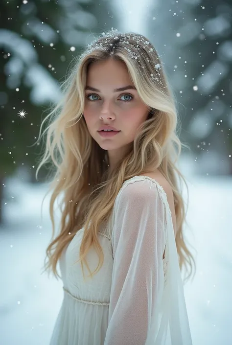 Create a woman in the snow with blonde hair and green eyes photoshoot for your Instagram