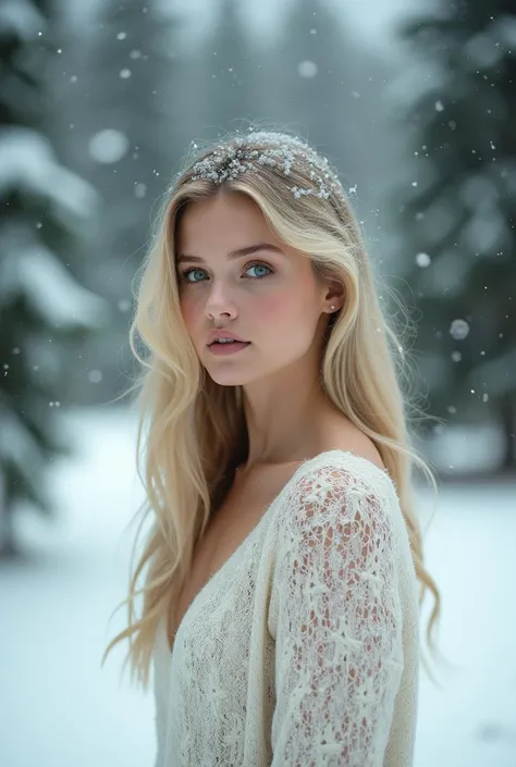 Create a woman in the snow with blonde hair and green eyes photoshoot for your Instagram