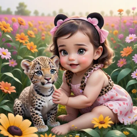 A cute Disney style baby leopard and a cute girl in a flower field