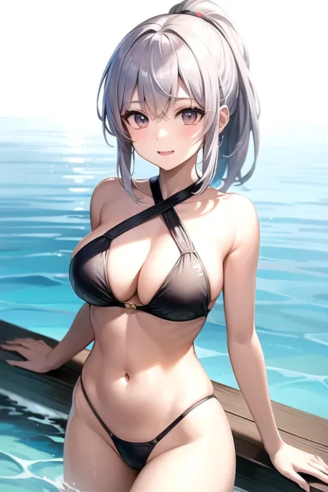 Bangs that cross between the eyebrows、ponytail、Silver Hair、One Girl、long、Swimwear