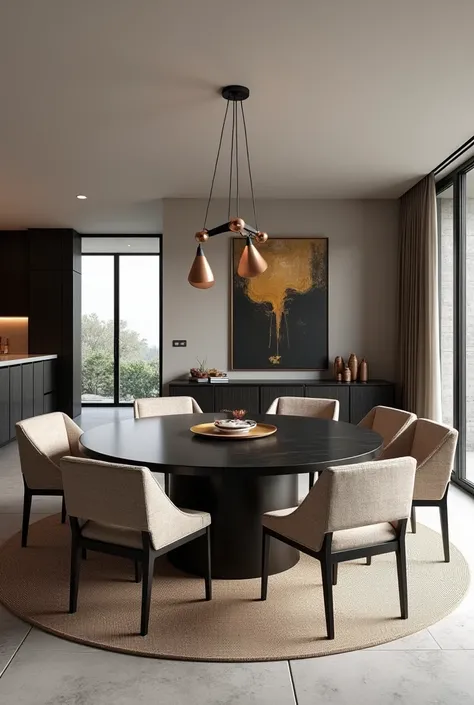 Professional 3d architecture rendering design of modern  dining room with very dark beige 6 chairs and  modern black slab stone  Circular table  and  modern  so  modern black wooden consulate and modern windows and complete showing kitchen and beautiful an...