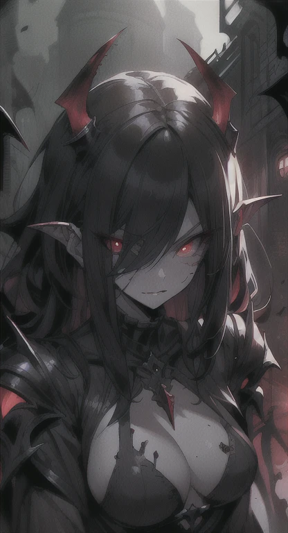 Glowing red eyes, malicious succubus, messy hair, smirking at viewer, POV, dark foggy ruins, vampire armor, SFW, 