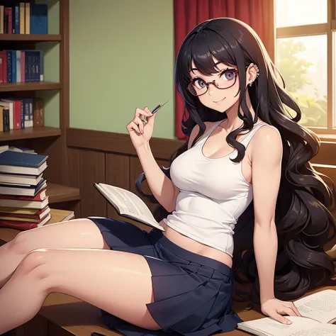 beautiful woman, sitting on the bed. books and papers. short skirt. With round glasses. very attractive and sensual. Tank top that fits tightly to the body. dark eyes.long curly hair. Usa piercing no septo nasal. smile wonderful. 