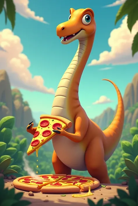 Brachiosaurus eating a pizza , animated image 