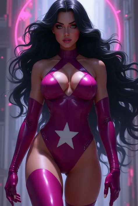 (((In extreme close-up a beautiful woman with long black hair from Star Saphire DC universe with a thick build and muscles in her legs and arms wearing a sensual fuchsia suit that reveals part of her breasts, long fuchsia boots and gloves with a white ten-...