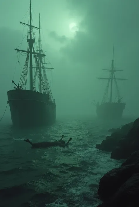 (photorealism:1.2) green ocean, terrifying, hostile, gloomy. Abandoned ships with corpses. No sunlight, just a thick fog. Dark fantasy 