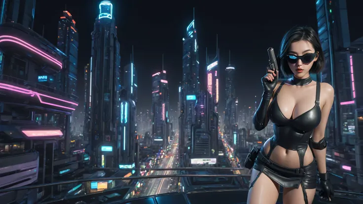 (Wide angle aerial view). At night, simple outlined cyberpunk city, flying cars, line art background. At night, (1girl, solo, alone), photorealistic, large-breast slim:0.6 body, oval:0.5 face, cleavage:1.1, miniskirt, deep-v, (upskirt), glove, (Matrix styl...