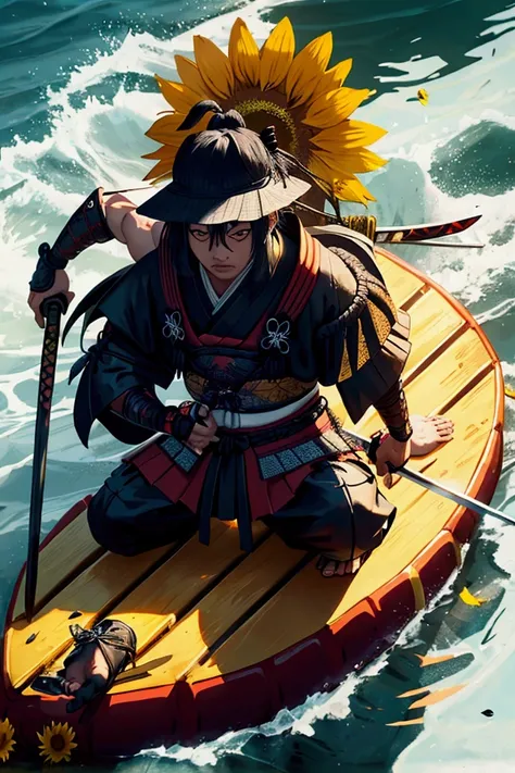 Samurai scorpion with a sunflower katana on a raft in the ocean 