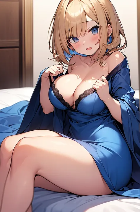 (Masterpiece, Top quality:1.5), nsfw,  sitting on the bed, (1 beautiful girl, solo:1.2), (short height:1.3), (blue Satin Nightgown and Matching Robe:1.3), (strap slip:1.2), Blonde hair:1.1, medium Hair, wavy Hair, asymmetry bangs, swept bangs, airy hair, (...