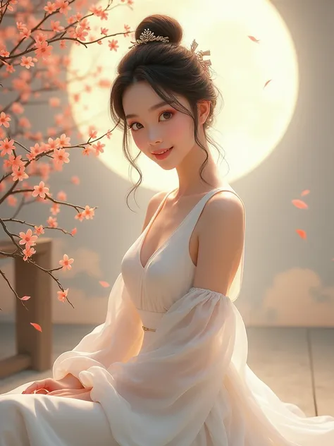 True. wears a white dress with the concept of Mid-Autumn Festival. A beautiful and young Asian girl Sitting on a chair. Mid-Autumn Festival