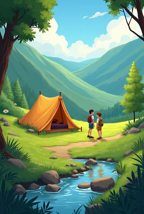 Realistic Disney-like illustration of a camp with a tent in a valley , in a field with vegetation and grass where you can see part of a river with stones and molle trees, Sauces, alder etc around, with green hills and two a young man from the Pathfinders C...