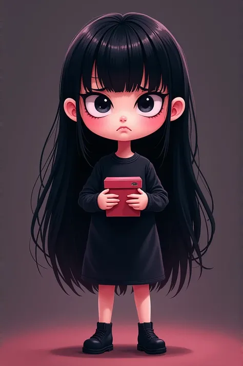 A little cartoon girl with long black hair 
till her toes with bangs and she should be wearing a black kiddie outfit
Her face is big and eyes are thin and grumpy her mouth is flat and the themr should be black purple pink maroon a darky theme and she shoul...