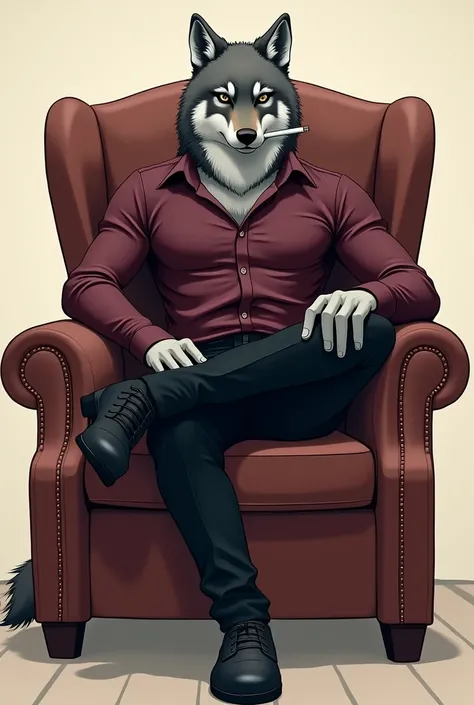 The image depicts a stylized anthropomorphic wolf character with a muscular build.. The character has grey fur with darker grey markings on the face and upper body.. They wear black formal pants and a wine-colored formal shirt. ,Instagram photo style, smok...