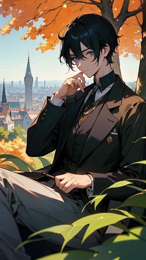 A medium black haired blue eyed boy wearing a monocle wearing a formal royal outfit looking to the calm side. Sitting under a tree scattering leaves in the air in autumn. crown prince. Setting is a forest with a view of the city.