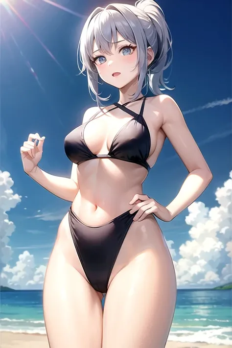 Bangs that cross between the eyebrows、ponytail、Silver Hair、One Girl、long、Swimwear