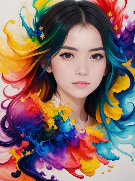 portrait of a stunningly beautiful teenage girl with flowers ! flow of black ink , golden , blue , yellow , red , purple , green...