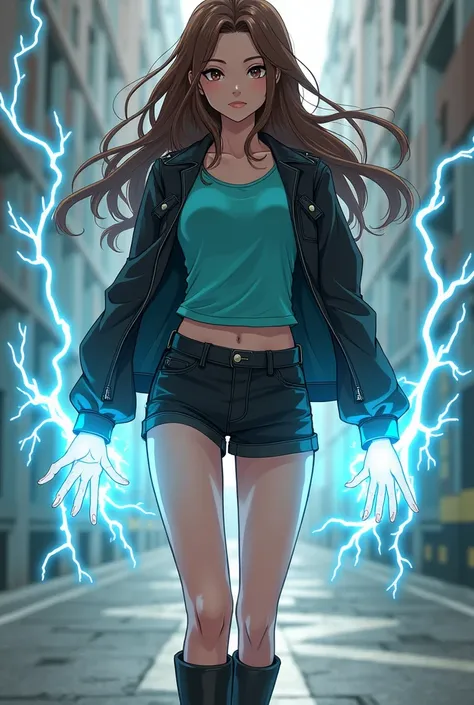 1.  white girl 2. skin test very white skin 2. Long wavy brown hair 3. Light brown eyes 4. elongated face 6. Big hips 7. He is wearing black shorts 8. Turquoise T-shirt 10. Black closed jacket 11. He has lightning bolts in his hands and body 12. It has to ...