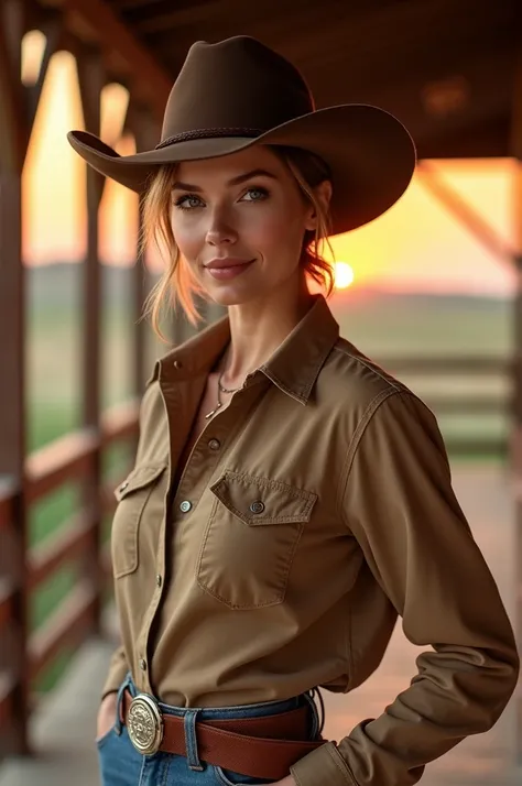 Realistic photography,40 years ranch lady. Beautiful  lady, cutie, wearing a cowboy hat and light brown shirt, stands on the veranda ,sunset Shot in the knees,(skinny:1.3),Aesthetic work of art, intricate light brown pixie hair, , Realistic details, perfec...