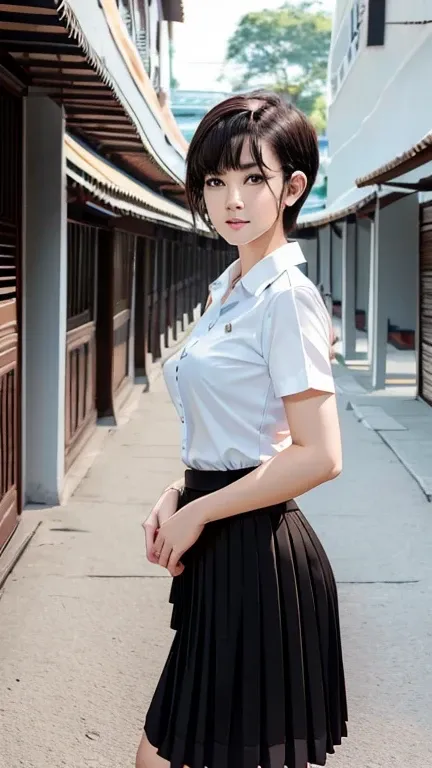 Pretty thai woman short hair  , tomboy , (8k, best quality, masterpiece, ultra highres:1.2) Photo of Pretty thai woman beautiful, beautiful enchanting fashion contemporary painting with , (1girl), (white big size shirt short sleeves), ((black long pleated ...