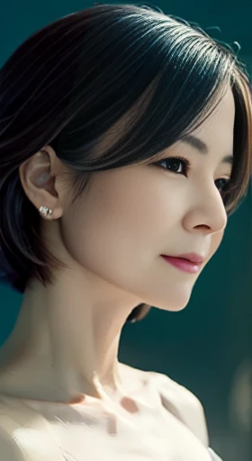 (Very detailed), ((Realistic)), (Better Quality), Very beautiful woman, Highest quality, 8k, masterpiece, Photorealism, practical, 1. Beautiful Japanese Woman, Mature Woman, 4, Delicate skin texture, short hair,Shooting from the side