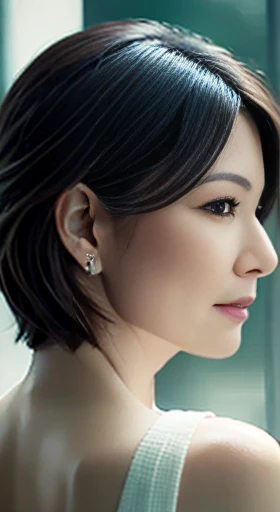 (Very detailed), ((Realistic)), (Better Quality), Very beautiful woman, Highest quality, 8k, masterpiece, Photorealism, practical, 1. Beautiful Japanese Woman, Mature Woman, 4, Delicate skin texture, short hair,Shooting from the side