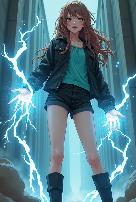 1. teenager 2. skin test very white skin 2. Long wavy brown hair 3. Light brown eyes 4. elongated face 6. Big hips 7. He is wearing black shorts 10. Black jacket and a turquoise blouse 11. His power is the lightning that comes out of his hands 12. It has t...