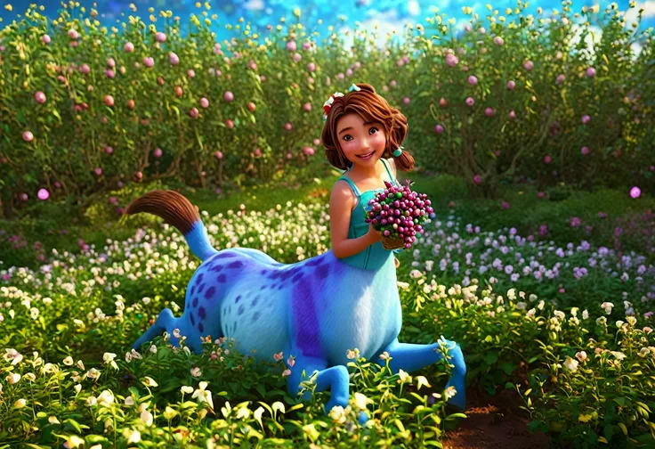 cute yuna as an adorable centaur, smiling big and playing in a flowery berry patch, pixar style, detailed face and expression, v...