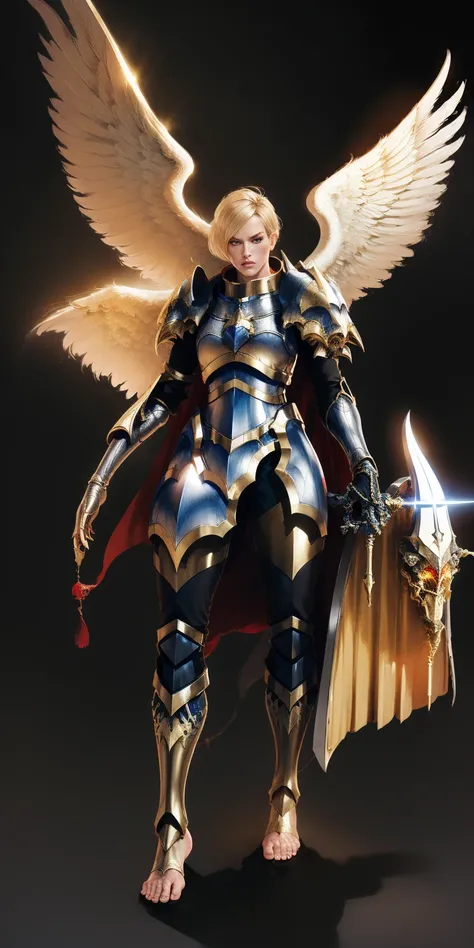 (black background) low angle, from below, paladin templar lady in white tabard, legwear, glowing yellow eyes, collar, golden chainmail, wide hips, barefoot, angel wings, pauldrons, halo, bob cut, blonde, eye focus, red cape, detailed, cinematic, fantasy