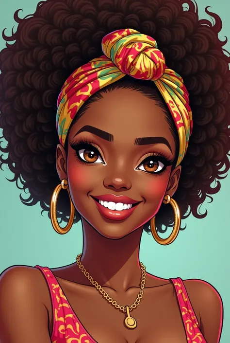 Style manga ou animé, une femme de 38 ans, noire, cheveux crépus bruns, avec un foulard coloré sur la tête, yeux marrons, nez épaté,  levres pleines, extension cils, boucle doreilles dorées, collier doré, elle sourit, maquillée 