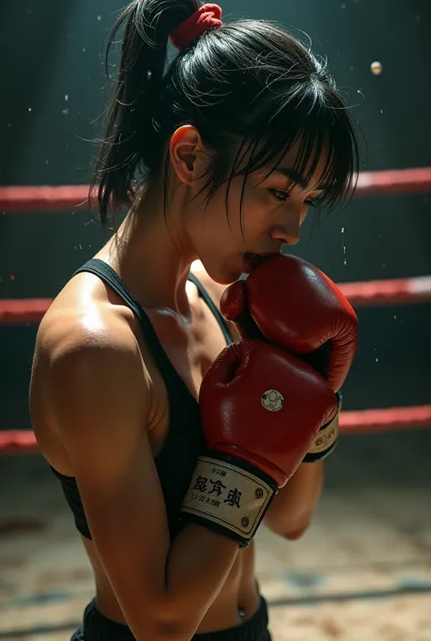 a beautifull Japanese female kick boxer coughing and vomiting in the ring with visible vomit and saliva, athletic body, very sweaty
