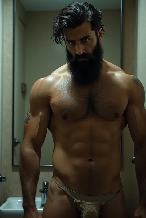 Young Iranian man with muscular hairy body, very hairy, bearded man in the bathroom alone in front of the mirror naked naked from the belly down, nakeness, showing hairy groin, pubic-hair, only hip showing.