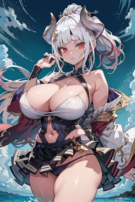 One girl,gran blue fantasy,Azusa,ponytail,((White corner:1.4)),Beautiful and elaborate face,(Huge hips:1.1),(Huge breasts:1.3),
Perfect Eyes,Beautiful Eyes,Symmetrical eyes,Big eyes:1.5,Seductive eyes,Long Hair,(White big horn：1.4),Red Eyes,(Shiny silver h...