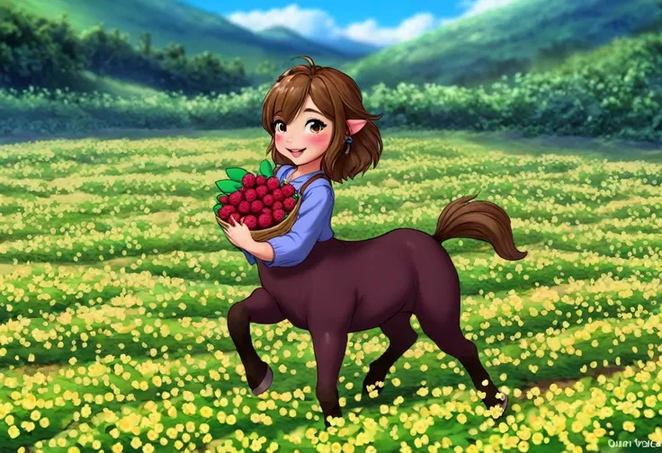 (pixar style) cute yuna is an adorable centaur, she is smiling big and playing in a flowery berry patch