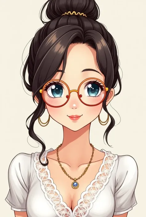 Style manga, une femme de 38 ans seule, elle a un chignon, cheveux châtains foncés,  ses sont yeux bleus, levres pleines, elle sourit ,piercing au nez, lunettes couleur cuivre arrondies, t-shirt dentelle blanc col V. Collier doré et blanc et boucles doreil...