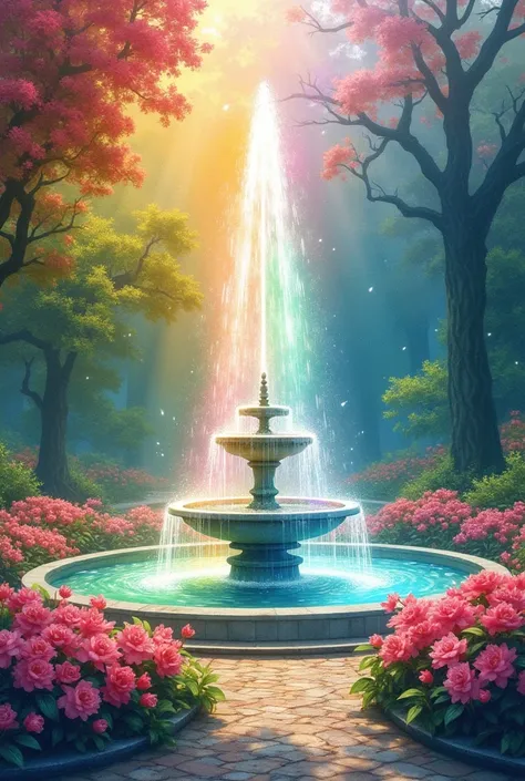 (((Watercolor style)))，Rainbow colored water fountain，A park full of blooming flowers，Bright and peaceful atmosphere，Healing，Dots of light，A masterpiece of art．