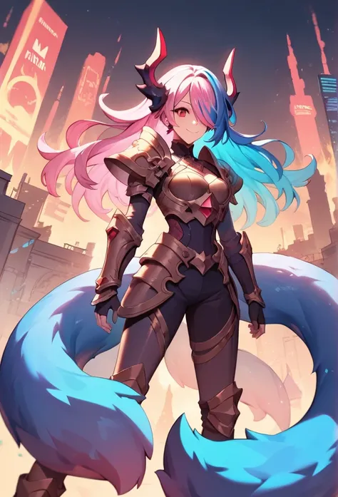 best quality, 4K, masterpiece, Extremely detailed, High Detail, 1 Girl, Solitary, Perry, Blue Hair, Hair covering one eye, Colorful hair, Double tail, Pink Hair, Red Eyes, Two-tone hair, armor, Smile, Burning city background