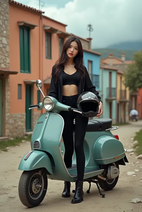 (solo, full body photo:1.3),A curvy Asian woman, seen to have sensual lips, long black hair, wearing a black silk shirt with one button open, wearing a black tank top, black pants, black boots, standing holding a classic helmet, standing in front of a whit...