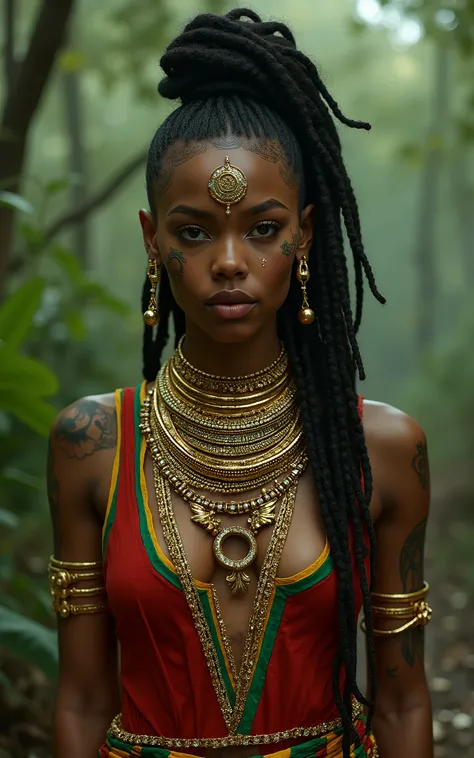 
(Zendaya:Halle Berry) dressed like a nigerian chaman, red green and yellow sleeveless tunic, (high top fade haircut and dreads) tribal tattoo in the face, (golden rings necklace), Lovecraft atmosphere, masterpiece, hyperdetailed