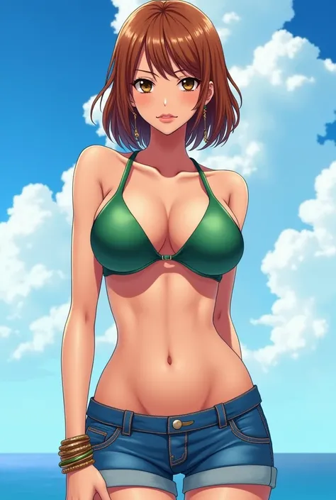 nami (one piece), slim you g woman, bangle, bangs,perfect anatomy, bare shoulders, slim girl, cut-out_bikini, blue sky, bracelet, breasts, brown eyes, cleavage, cloud, cowboy shot, day, denim, earrings, floating hair no belt, green cut-out_bikini, groin, l...