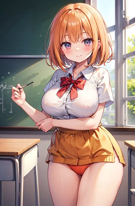 figure、Orange underwear、Large Breasts、Short、Embarrassed、smile、School classroom