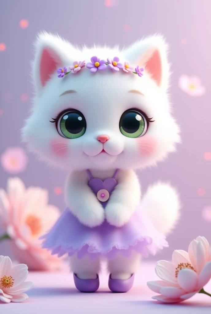 A C4D model, chibi-style, humanoid cat with white fur, dressed in a dreamy lavender dress with floating petal designs. The cat has large, soft green eyes, a tiny pale pink nose, and a fluffy tail. It wears a lavender flower crown and matching lavender ball...