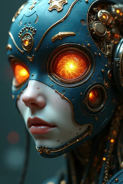 a cyborg with complex patterns resembling the universe in their eyes, intricate details, hyper-realistic, 8k, highly detailed, cinematic lighting, dramatic shadows, vibrant colors, award-winning digital art, by artgerm, greg rutkowski, alphonse mucha